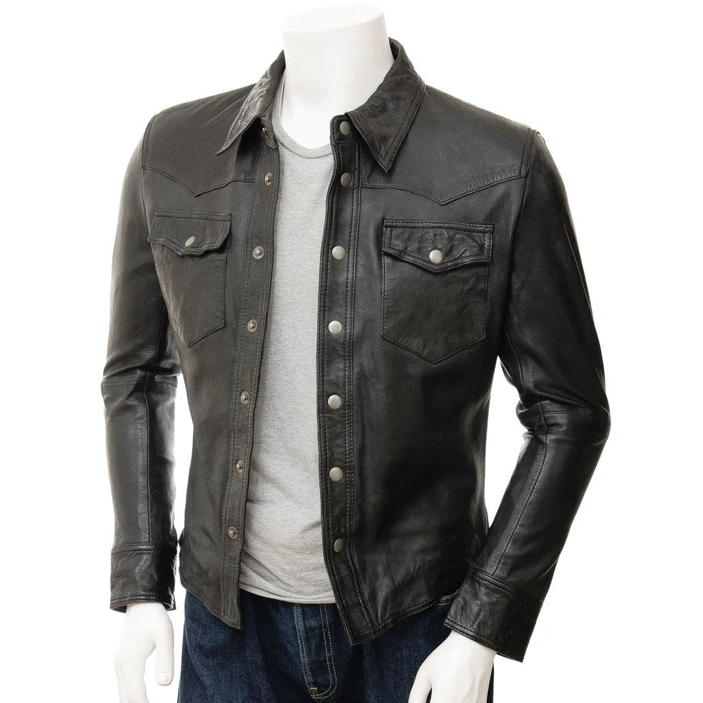 MEN CLASSIC BLACK LEATHER SHIRT HERMON