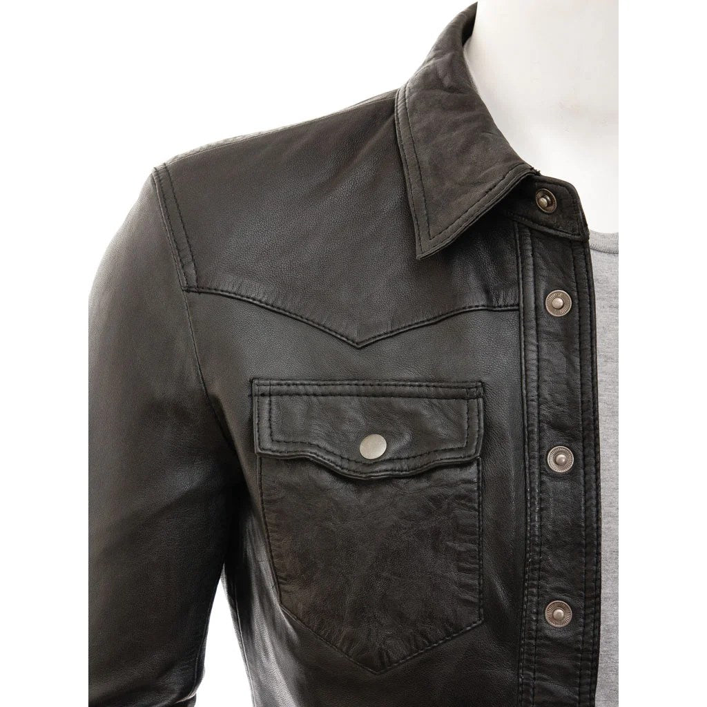 MEN CLASSIC BLACK LEATHER SHIRT HERMON